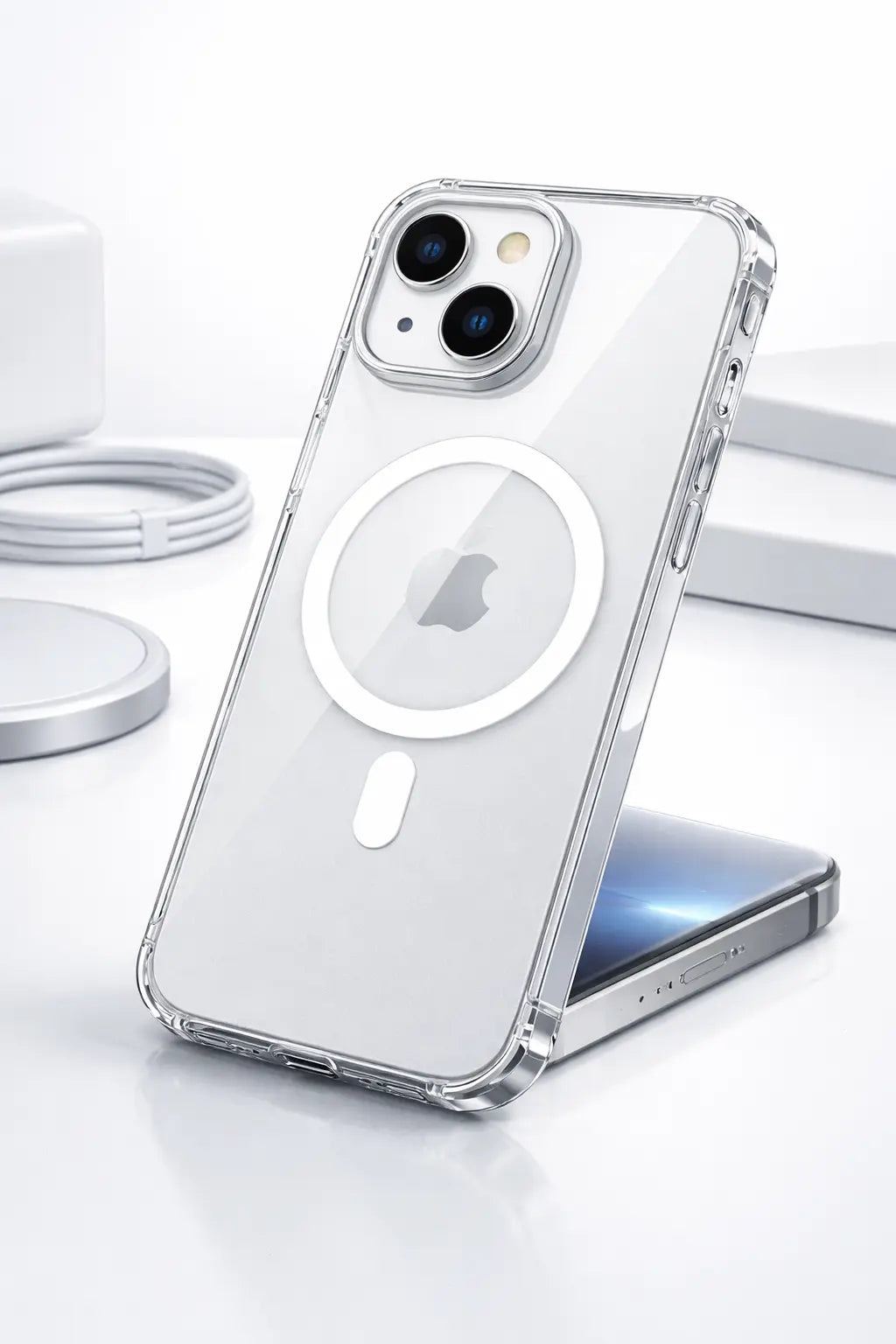 Clear MagSafe phone case for iPhone showing magnetic ring and transparent design