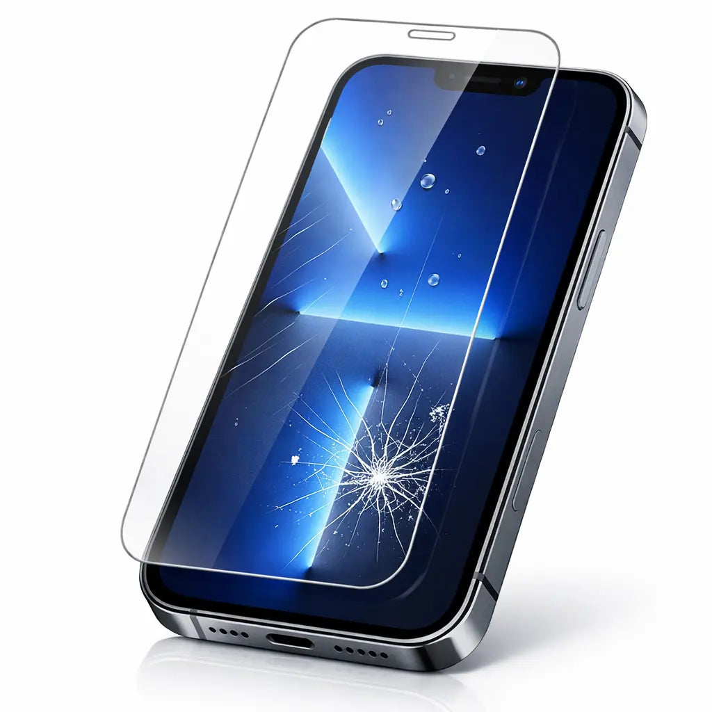 Tempered glass screen protector protecting iPhone display from scratches and cracks