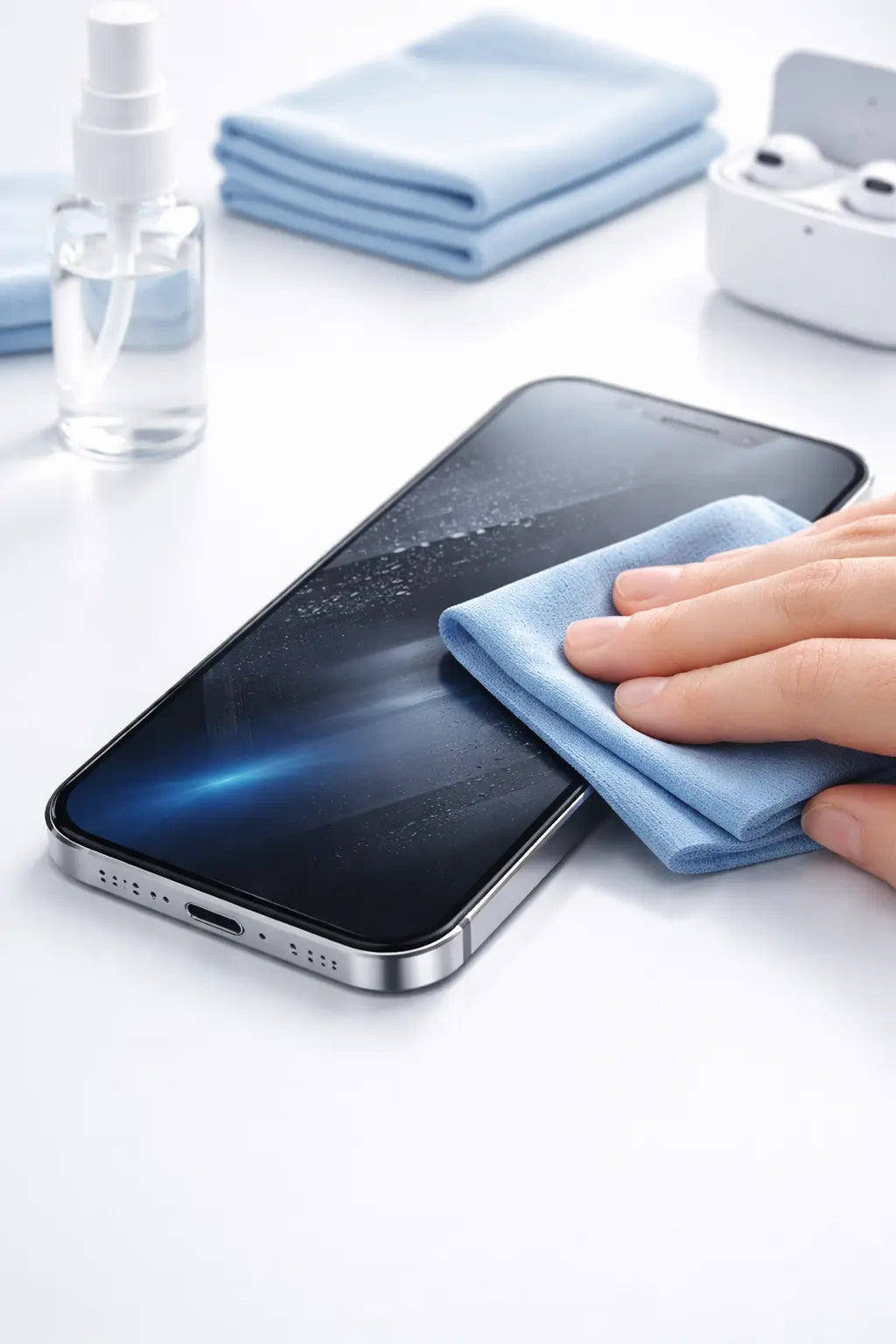Cleaning an iPhone screen with microfiber cloth showing proper phone screen cleaning method