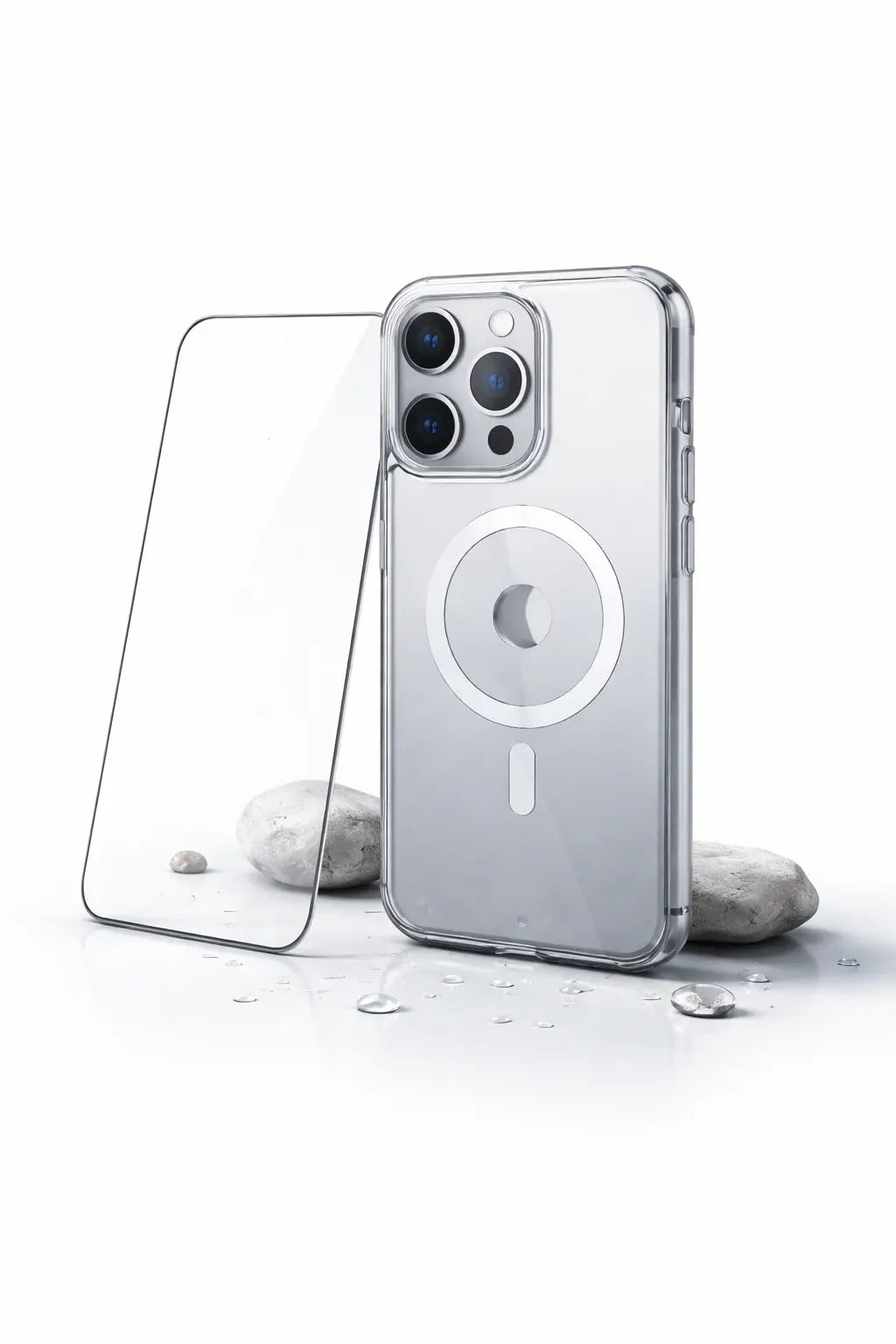 Crown Dynamix clear phone case and tempered glass screen protector protecting iPhone from drops and scratches