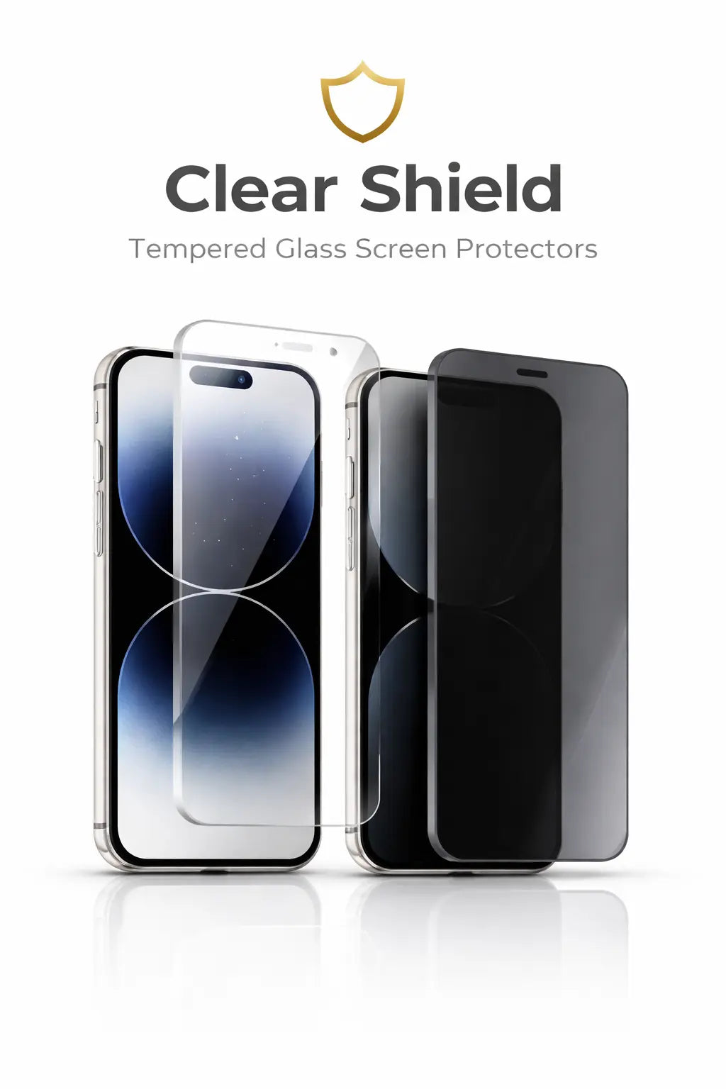 Clear Shield tempered glass and privacy screen protectors for iPhone 15 and iPhone 16 by Crown Dynamix showing crystal-clear protection and anti-spy privacy glass