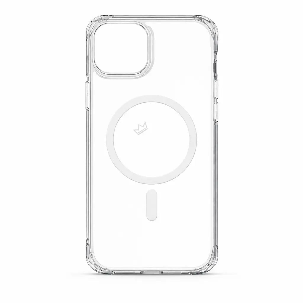 Transparent Crown Armor MagSafe case for iPhone 15 with crown logo, reinforced edges and crystal clear polycarbonate back