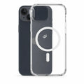 Clear MagSafe phone case for iPhone 15 with crown logo and reinforced corners, showing phone behind transparent case – Crown Armor by Crown Dynamix