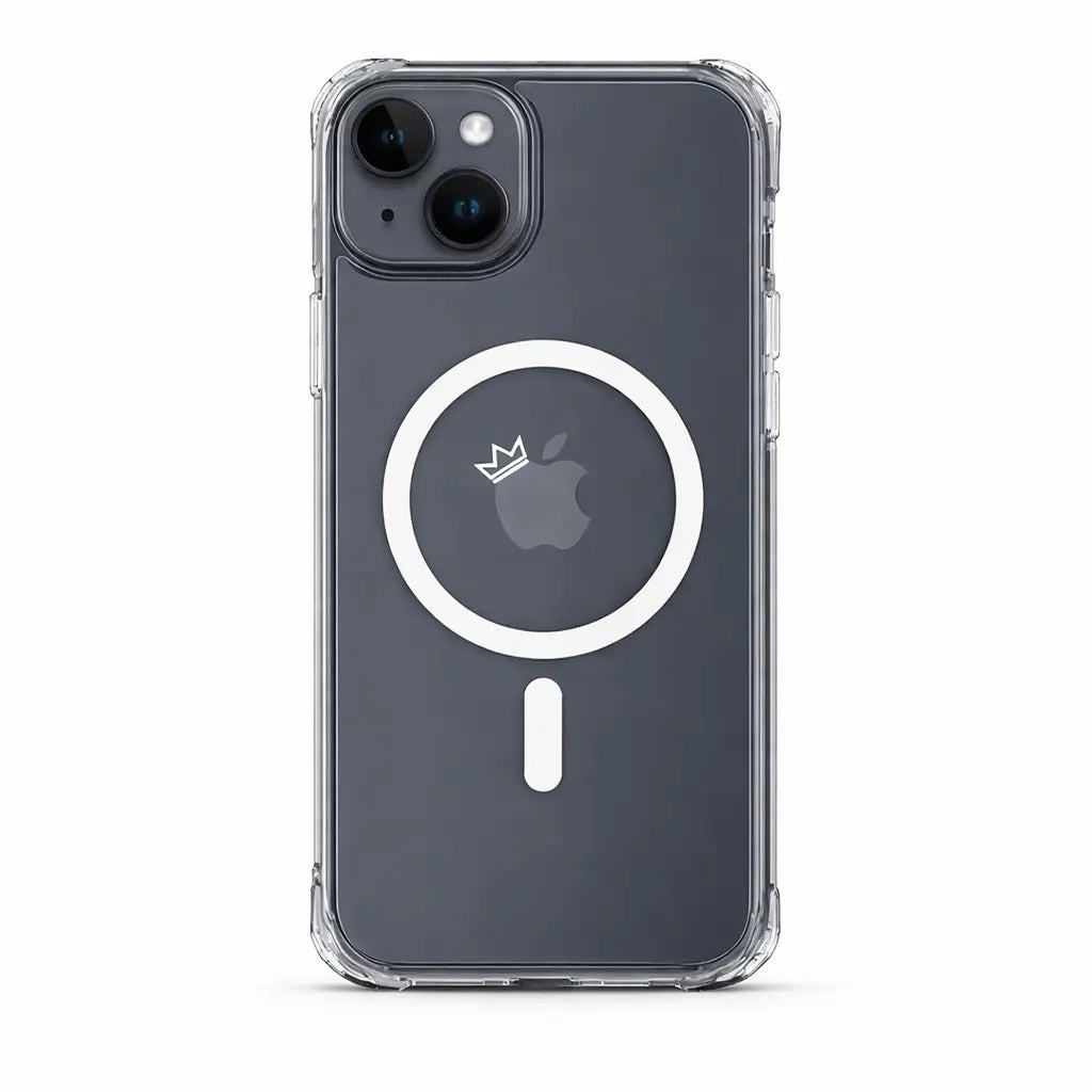 Crown Armor clear MagSafe case installed on iPhone 15 with crystal clear back, crown logo and reinforced drop protection corners