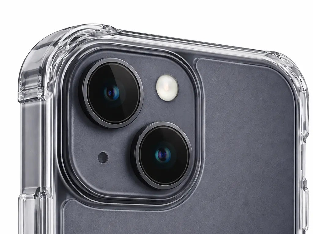 Close-up of camera protection on Crown Armor clear MagSafe case for iPhone 15 Plus with raised lens guard and transparent shockproof corners
