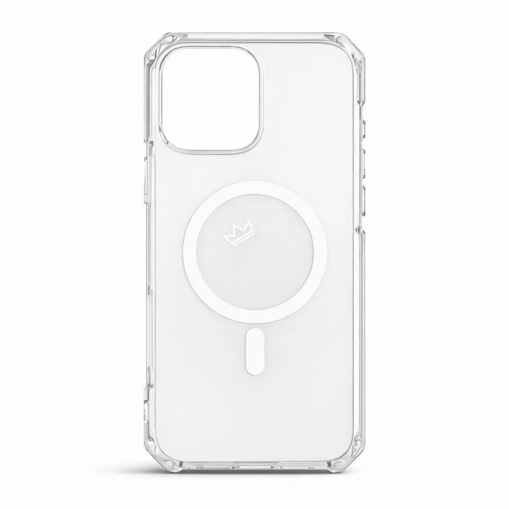 Transparent Crown Armor MagSafe case for iPhone 15 Pro with crown logo, reinforced edges and crystal clear polycarbonate back