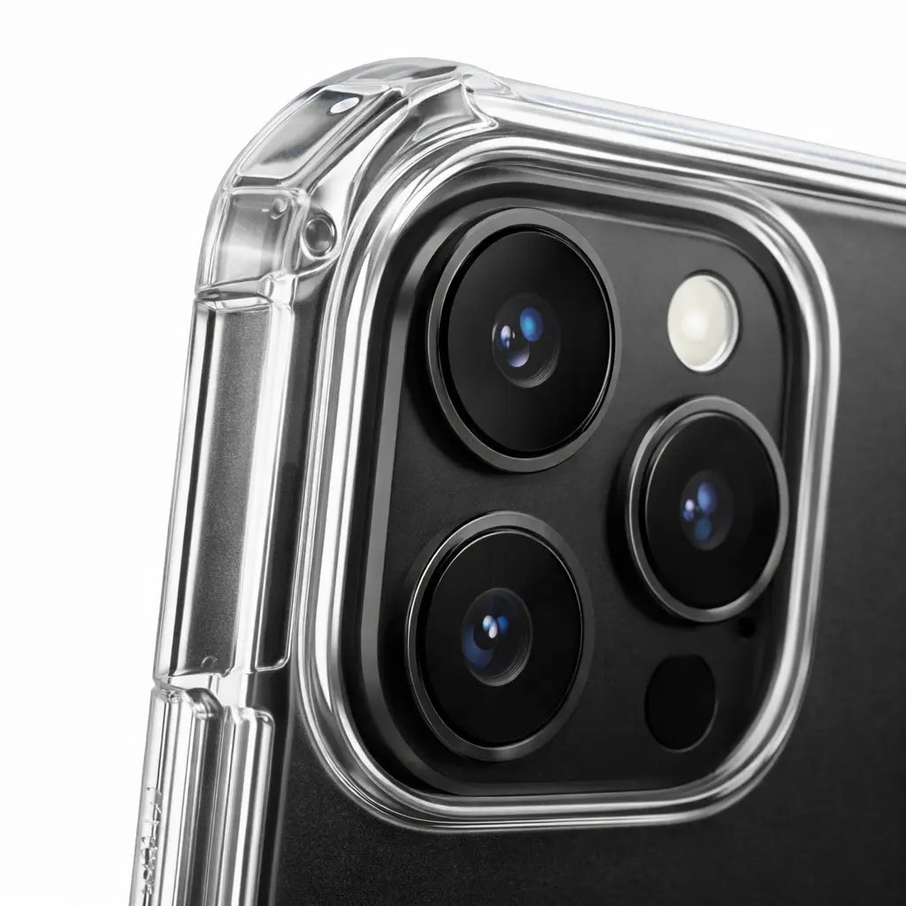 Close-up of camera protection on Crown Armor clear MagSafe case for iPhone 15 Pro Max with raised lens guard and transparent shockproof corners