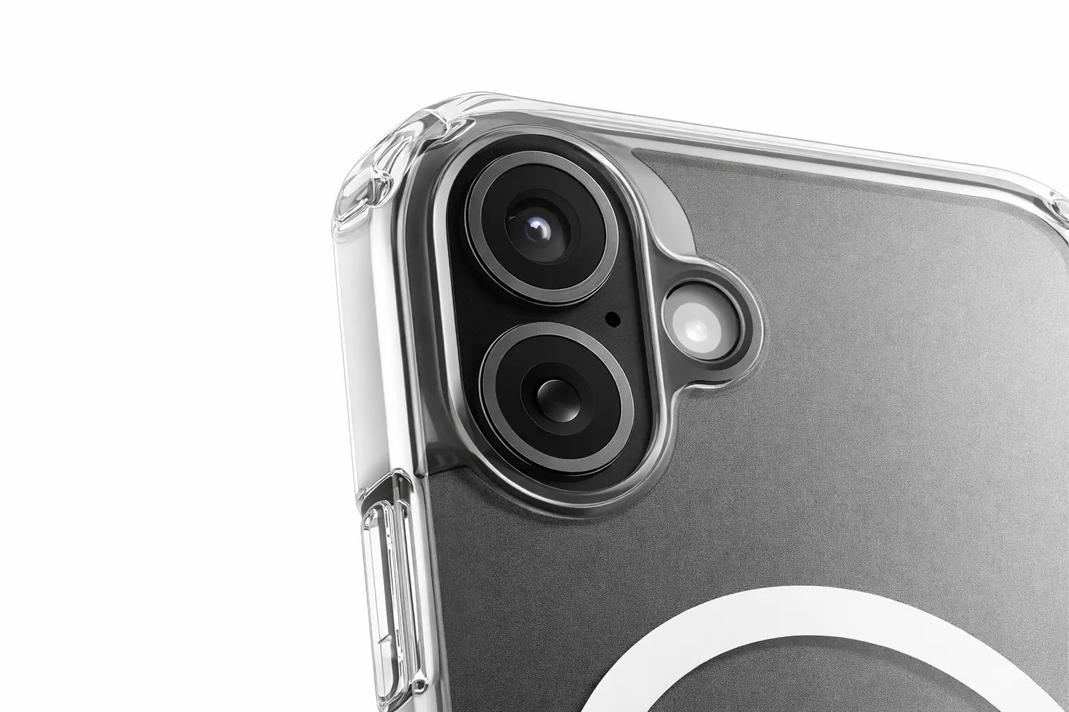 Close-up of camera protection on Crown Armor clear MagSafe case for iPhone 16 with raised lens guard and transparent shockproof corners