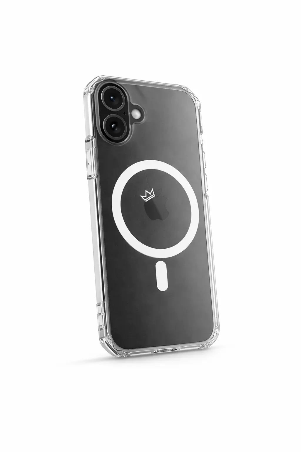 Crown Armor clear MagSafe case installed on iPhone 16 with crystal clear back, crown logo and reinforced drop protection corners