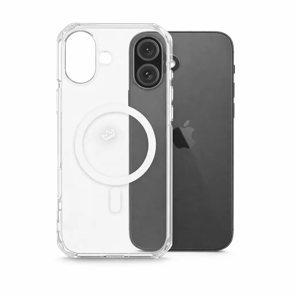 Clear MagSafe phone case for iPhone 16 Plus with crown logo and reinforced corners, showing phone behind transparent case – Crown Armor by Crown Dynamix
