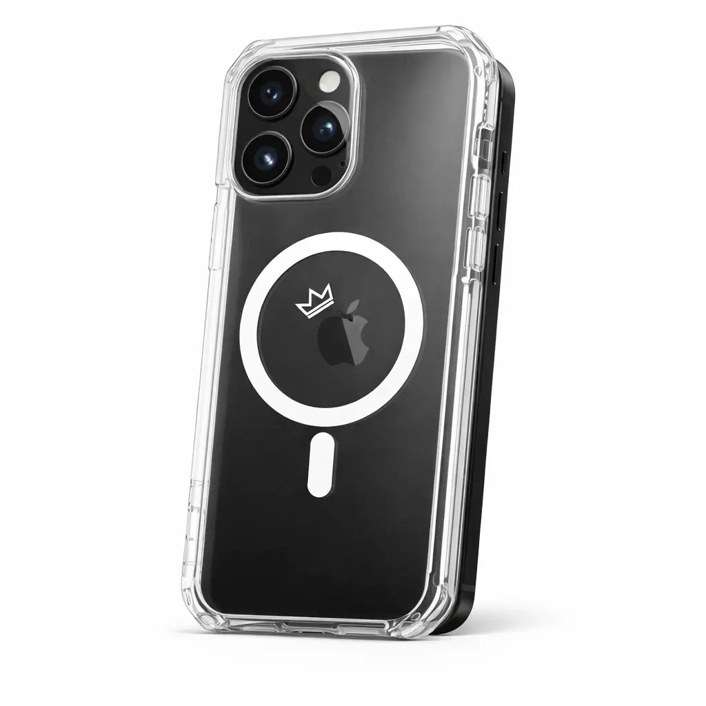 Clear MagSafe iPhone 16 Pro case installed on phone by Crown Dynamix