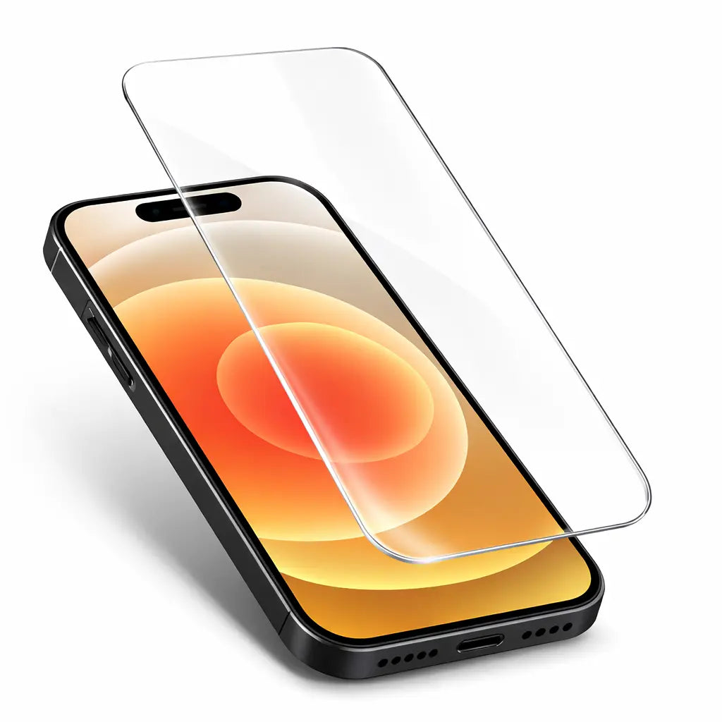 Clear Shield tempered glass screen protector hovering above iPhone demonstrating easy installation and crystal clear protection